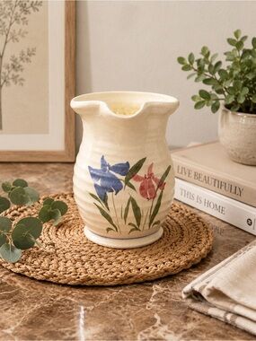 Handmade Studio Pottery Floral Cream Pitcher | Rustic Farmhouse Stoneware Vase